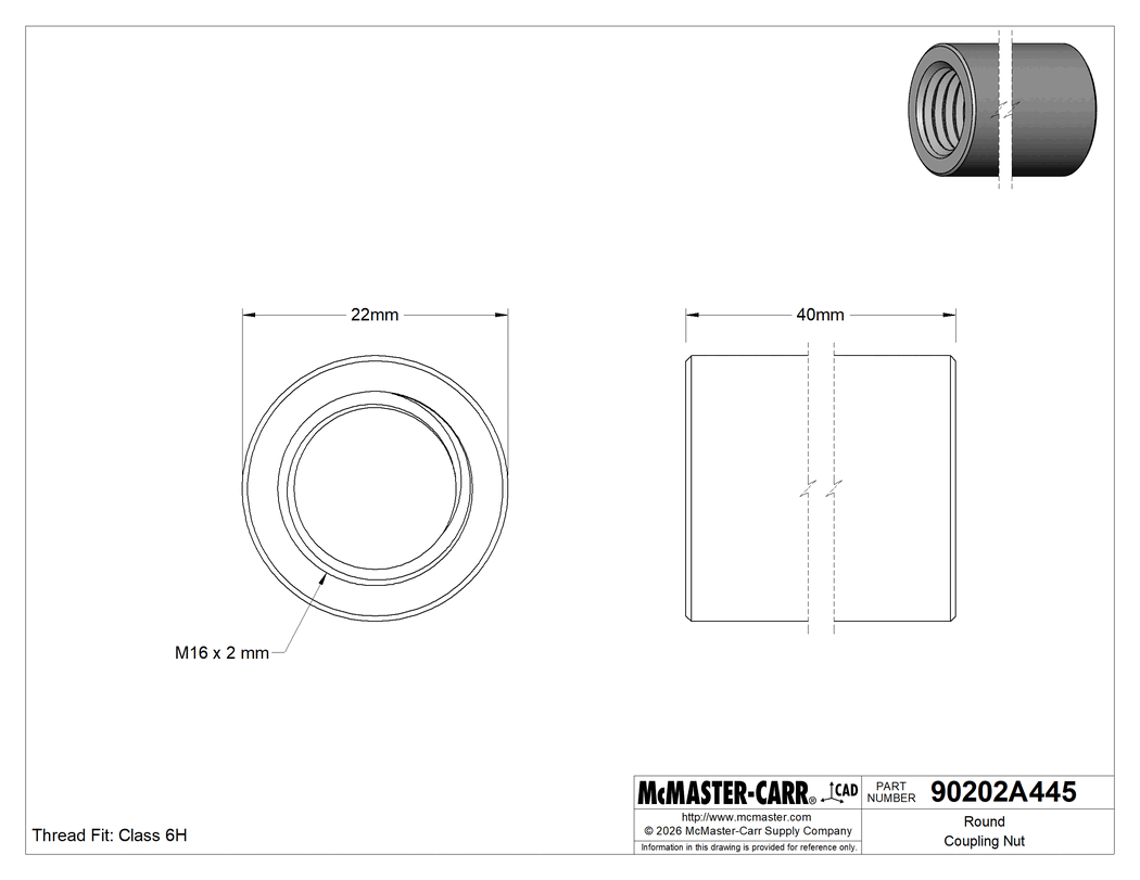 Technical Drawing of Round Coupling Nut, 18-8 Stainless Steel, M16 x 2 mm Thread, 40 mm Long.